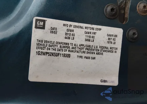 2003 Pontiac Grand Prix Gt z USA, uszkodzony, nr VIN 1G2WP52K53F118309